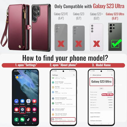 Defencase for Galaxy S23 Ultra Case Wallet Compatible with Magsafe, WineRed | Magnetic Detachable, RFID Bolcking Card Holder, Zipper Strap, PU Leather Drop-Proof Phone Cover for Samsung Galaxy S23 Ultra - color: (Detachable with Magsafe)-Wine Red