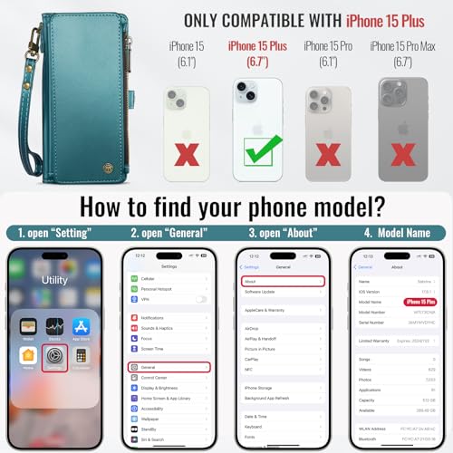 Defencase for iPhone 15 Plus Wallet Case with RFID Card Holder, Blue Green | Durable Soft PU Leather, with Zipper Pocket, Wrist Strap, Fashion Snap Flip Phone Cases Cover with Stand for Women and Men - color: Blue Green
