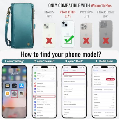 Defencase for iPhone 15 Plus Wallet Case with RFID Card Holder, Blue Green | Durable Soft PU Leather, with Zipper Pocket, Wrist Strap, Fashion Snap Flip Phone Cases Cover with Stand for Women and Men - color: Blue Green