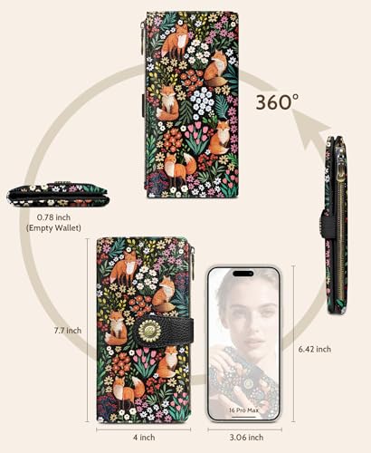 GIANCOMICS Cute Fox Womens Wallet RFID Blocking, Credit Card Holder Bifold | Billfold, Cute Cash Purse, Travel Zipper Coin Pocket, Compact Clutch, PU Leather, ID Window, 11 Card Slots, Ladies Gift Woman - color: Fox and Flowers