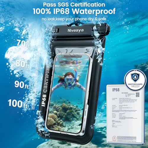Niveaya IP68 Floating Waterproof Phone Pouch, 2 Pack Up to 8.5" | Water Proof Phone Case with Lanyard for iPhone 17 16 15 Pro Max,Touchscreen & Underwater Photography, Beach Cruise Essentials - color: Black+Black