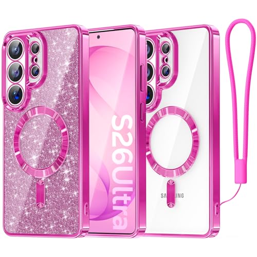 Meifigno Magnetic Case Designed for Samsung Galaxy S26 Ultra 6.9", [Compatible with MagSafe] [Removable Glitter Card & Wrist Strap], Surround Lens Protection Case for Galaxy S26 Ultra, Hot Pink - color: Hot Pink, size: S26 Ultra Case (2026)