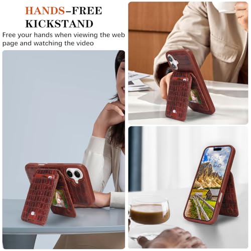 Ｈａｖａｙａ Leather Wallet Case for iPhone 16 - Espresso Brown | Crocodile-textured leather, detachable wallet, 5-card slots & kickstand, MagSafe 15W fast charge, raised bezels - color: Espresso Brown