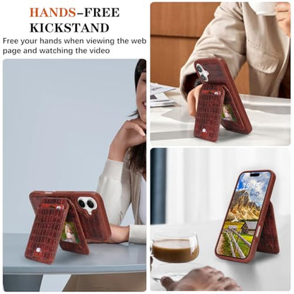 Ｈａｖａｙａ Leather Wallet Case for iPhone 16 - Espresso Brown | Crocodile-textured leather, detachable wallet, 5-card slots & kickstand, MagSafe 15W fast charge, raised bezels - color: Espresso Brown