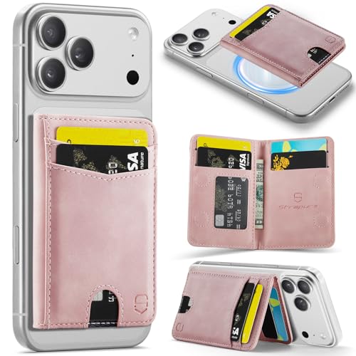 Strapurs Strong Magnetic Wallet Card Holder for MagSafe Phones and Cases, Slim PU Leather Detachable Phone Wallet with 6 Card Slots RFID Blocking for iPhone 17/16/15/14/13/12/Pro/Max/Plus – Pink - color: Pink