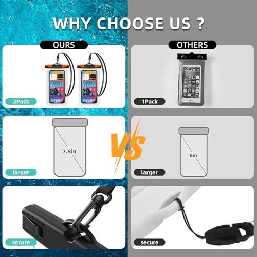 Waterproof Phone Pouch, Waterproof Phone Case with Lanyard for iPhone, Samsung, IPX8 Cellphone Beach Dry Bag Kayak Cruise Ship Essentials 2Pack-7.5" - color: Black Orange