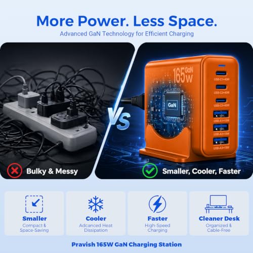 165W GaN Charging Station, 6-Port Desk Charging Station, Orange - color: Orange
