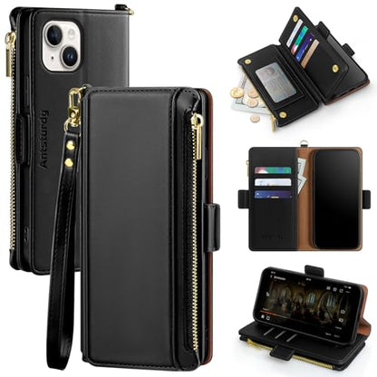 Antsturdy for iPhone 14 Plus Phone Wallet Case Women,Black | RFID Blocking,with Credit Card Holder Slots,PU Leather Purse,Zipper Pocket,Wrist Strap Kickstand,Flip Folio Cover for Men - color: Black-JS