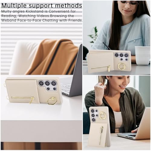 Crossbody Wallet Case for Samsung Galaxy S25 Ultra, with Card Slots Zipper Pocket Case, Flip Folio Purse RFID Blocking with Ring Kickstand Detachable Strap-Beige - size: Select