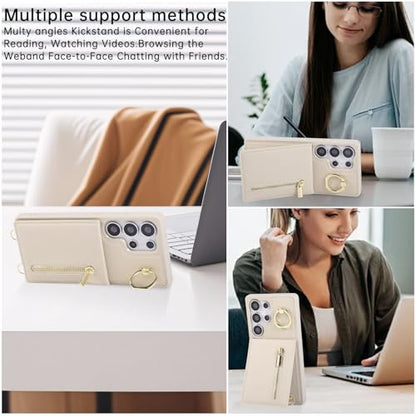 Crossbody Wallet Case for Samsung Galaxy S25 Ultra, with Card Slots Zipper Pocket Case, Flip Folio Purse RFID Blocking with Ring Kickstand Detachable Strap-Beige - size: Select