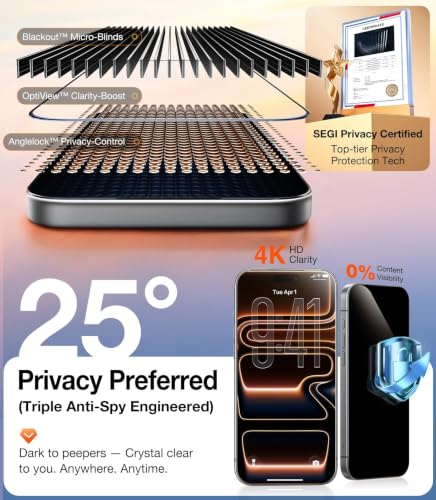 UltraGlass Top 9H+ Armor for iPhone 16 Pro Privacy Screen Protector, 2 Pack | NO.1 Military Grade Shatterproof, Privacy Screen iPhone 16 Pro Tempered Glass, 100% Anti Spy, Longest Durable 16Pro 6.3" - size: iPhone 16 Pro