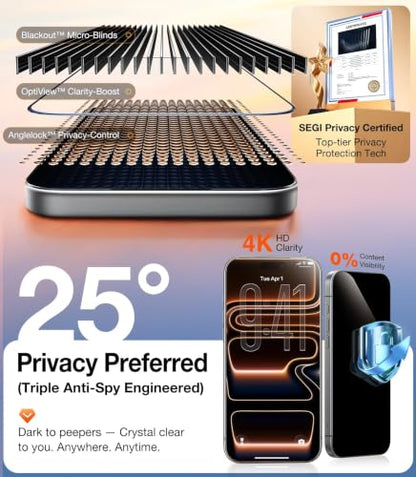 UltraGlass Top 9H+ Armor for iPhone 16 Pro Privacy Screen Protector, 2 Pack | NO.1 Military Grade Shatterproof, Privacy Screen iPhone 16 Pro Tempered Glass, 100% Anti Spy, Longest Durable 16Pro 6.3" - size: iPhone 16 Pro