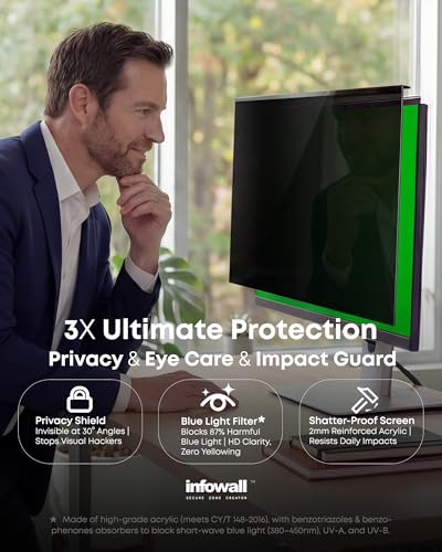 Hanging Privacy Screen Protector for Monitor (Fits 23-24 Inch Frameless), 30°+ Full Privacy & 95% Light Blocking, Instant Setup, 87% Blue Light & 97% UV Block, Office Data Security & Eye Protection - size: 24"-16:9 (21.54"L x 12.60"W)
