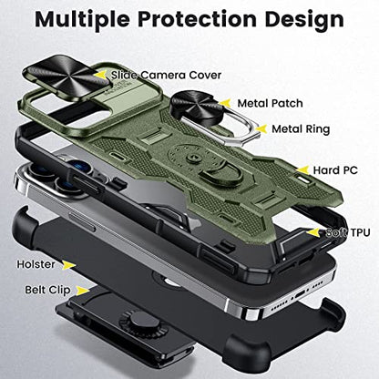 Caka for iPhone iPhone 13 & 12 Pro Max Case with Stand & Camera Cover | Belt Clip Holster, 360° Rotated Kickstand, Sliding Camera Lens Cover, Heavy Duty Hard Shockproof Rugged Phone Cover