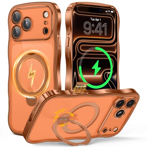 GolbinBox iPhone 17 Pro Max MagSafe Ring Stand Wave Case, Orange/Clear | Premium electroplated wave frame, stable MagSafe charging, reinforced corners, and raised camera and screen edges. - color: Orange/Clear, size: For iPhone 17 Pro Max 6.9 Inch