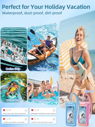 TopMade Floating Waterproof Phone Pouch, 2 Pack IP68 Waterproof Phone Case | Beach/Cruise/Travel Essentials, Detachable Lanyard, Waterproof Pouch for iPhone 17 16 15 Pro Max, Up to 7", Iridescent Blue - color: Blue