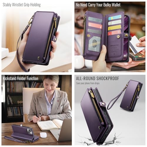 Defencase for iPhone 14 Plus Wallet Case with RFID Card Holder, Purple | Durable Soft PU Leather, with Zipper Pocket, Wrist Strap, Fashion Snap Flip Phone Cases Cover with Stand for Women and Men - color: Purple