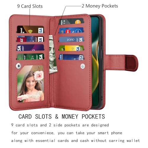 Njjex Wallet Case for Motorola Moto G 5G 2025, for Moto G 5G 2025 Case, [9 Card Slots] PU Leather ID Credit Card Holder Folio Flip [Detachable] Kickstand Magnetic Phone Cover & Lanyard [Wine Red] - color: Wine Red