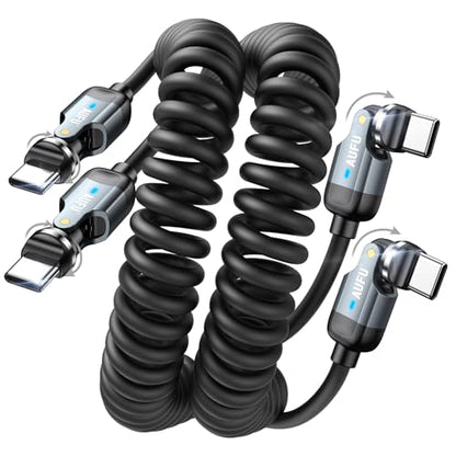 AUFU USB C to USB C Cable 3ft(2Pack), Double 180°+360° Rotation/Coiled USB C Cable for Car/Car Charger USB C/Type C to Type C for 1Phone 17/16/15, Mac-Book/1Pad Series, Sam-Sung Galaxy Series