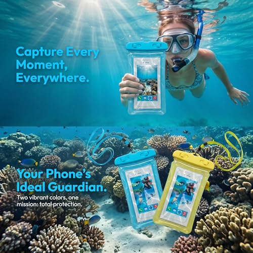 2 Pack Waterproof Phone Pouch Underwater Dry Bag Ultra-Clear Dual-Sided Touchscreen Case with Lock Seal for Swimming Snorkeling & Beach-Yellow-Blue - color: Yellow-Blue