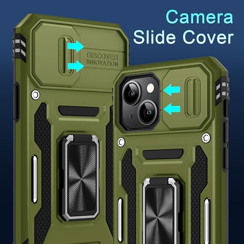 DEERLAMN Case for iPhone 15 with Slide Camera Cover + Screen Protector (2 Packs), Rotated Ring Kickstand Military Grade Shockproof Protective Cover-Olive Green - color: Olive Green