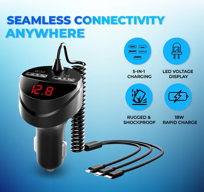 Retractable Car Charger 5 in 1 with Voltage Monitoring LED Display - 18W Car Phone Charger with Built-in Retractable Charging Cable Compatible with iPhone, Samsung & Android Phones