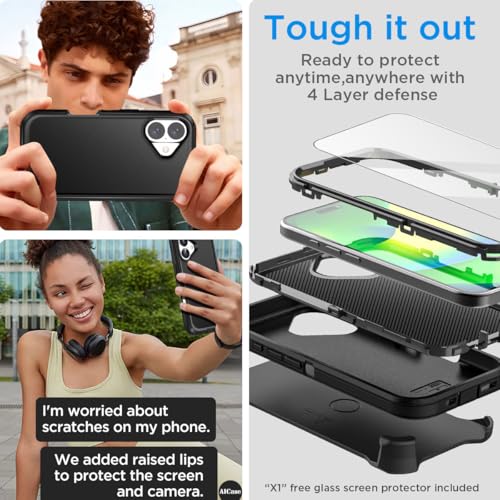 AICase for iPhone 16 Plus Case(6.7") with Belt Holster+Glass Screen Protector,Heavy Duty Drop Protection Full Body Rugged Shockproof/Dust Proof Military Protective Tough Durable Men Wome 6.7" 2024 - color: Black+Belt Clip+Protector