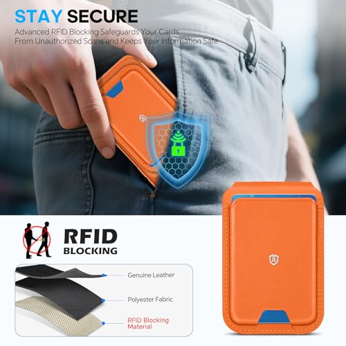 SHIELDON Genuine Leather for MagSafe Wallet Stand, 6 Card Holders, Orange - color: Orange