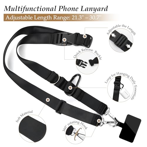 Multifunctional Phone Lanyard Adjustable Anti-Theft Crossbody Phone Strap - color: Black