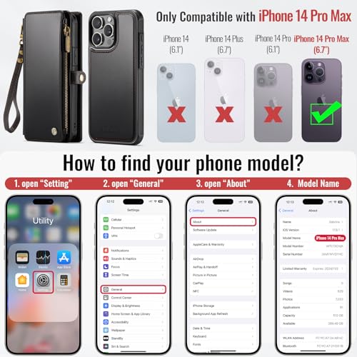 Defencase for iPhone 14 Pro Max Case Wallet Compatible with Magsafe, Black | Drop-Proof Magnetic Detachable Phone Cases Cover, with RFID Bolcking Card Holder, Zipper Strap, PU Leather, Removable Wallet - color: (Detachable with Magsafe)-Black