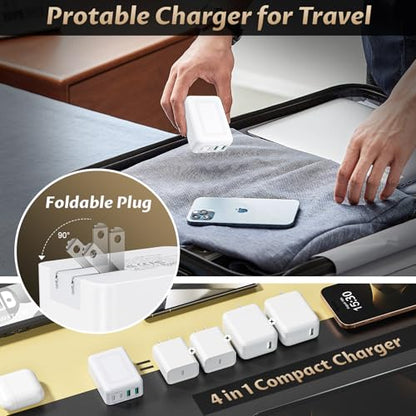 40W Flat USB C Wall Charger 4Port Foldable Slim Fast Charging Block - color: White | 1-Pack | 4-Port