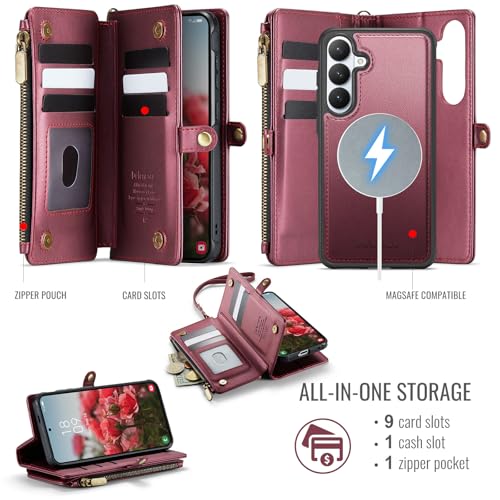 Defencase for Galaxy S26 Case Wallet Compatible with Magsafe 6.3", Wine Red | Magnetic Detachable, with RFID Bolcking Card Holder, Zipper Strap, PU Leather Drop-Proof Phone Cover for Samsung Galaxy S26 - color: (Detachable with Magsafe)-Wine Red