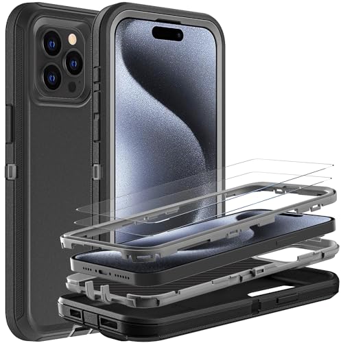 YKHJKLEC for iPhone 15 Pro Case, Military Grade 3 in 1 Heavy Duty Shockproof/Drop Proof/Dust Proof Case with 2Pcs Tempered Glass Screen Protector (Black/Grey) - color: Black/Grey