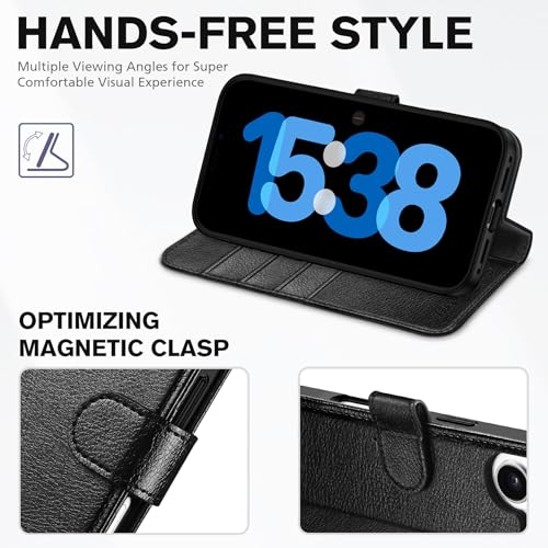 TUCCH Case Wallet for iPhone 17 (6.3"), RFID Blocking Folio, Textured Black | 4 Card Holders, Kickstand, PU Leather, Magnetic Closure, Shockproof TPU Shell, Protective Flip Cover - color: Textured Black