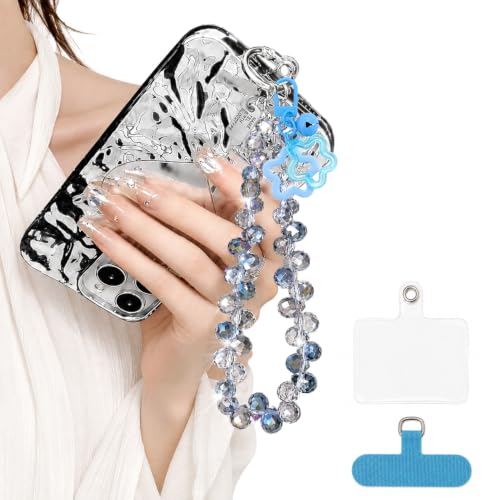 Cute Phone Wrist Strap Chic Beaded Cellphone Lanyard Phone Charm Grip Strap - color: Blue Crystal