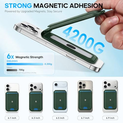 SHIELDON Genuine Leather Magnetic Wallet Stand for MagSafe, Evergreen | Strong Magnetic, 6 Card Holders, Kickstand, Rfid Blocking, Quick-access, ID Window, for iPhone 17/16/15/14/13/12 Series - color: Evergreen