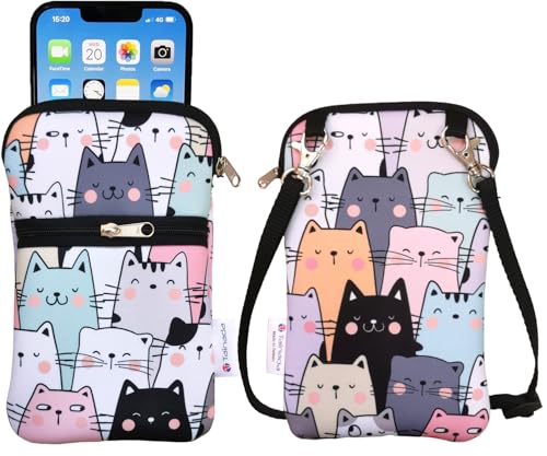 Tainada Crossbody 2-Zip Phone Bag w/Neck Strap (Doodle Cats Style 1) | For Men/Women; Water-resistant neoprene pouch, shockproof, lightweight; Compatible with most of smartphones - color: Doodle Cats Style 1