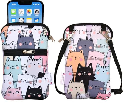Tainada Crossbody 2-Zip Phone Bag w/Neck Strap (Doodle Cats Style 1) | For Men/Women; Water-resistant neoprene pouch, shockproof, lightweight; Compatible with most of smartphones - color: Doodle Cats Style 1