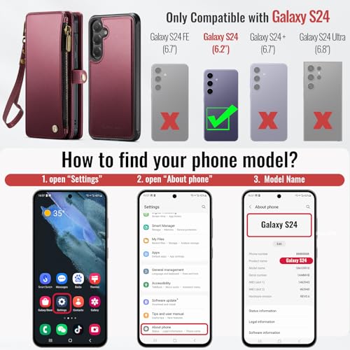 Defencase for Galaxy S24 Case Wallet Compatible with Magsafe 6.2", Wine Red | Magnetic Detachable, with RFID Bolcking Card Holder, Zipper Strap, PU Leather Drop-Proof Phone Cover for Samsung Galaxy S24 - color: (Detachable with Magsafe)-Black