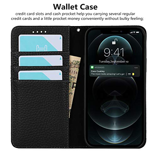 iCoverCase Compatible with iPhone 13 Pro Wallet Case with Credit Card Holder and Wrist Strap, RFID Blocking Genuine Leather Flip Magnetic Phone Cover 6.1 Inch (All Black) - color: 1-All Black (No Headphone Storage Belt), size: iPhone 13 Pro
