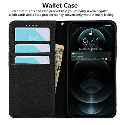 iCoverCase Compatible with iPhone 13 Pro Wallet Case with Credit Card Holder and Wrist Strap, RFID Blocking Genuine Leather Flip Magnetic Phone Cover 6.1 Inch (All Black) - color: 1-All Black (No Headphone Storage Belt), size: iPhone 13 Pro