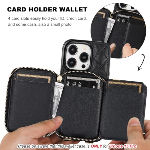 Bocasal Crossbody Wallet Case Card Holder for iPhone 15 Pro, Black | RFID Blocking PU Leather Zipper Handbag Purse, Kickstand Flip Folio Case with Card Slots Holder Wrist Strap Lanyard 6.1 Inch - color: Black