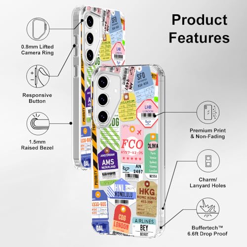 MOSNOVO Case for Samsung Galaxy S24 FE, [Buffertech 6.6ft Military-Grade Drop Protection] [Anti Peel Off Tech] Clear TPU Bumper Phone Case Cover Design - Air Ticket Labels - color: Clear - Air Ticket Labels, size: Samsung Galaxy S24 FE