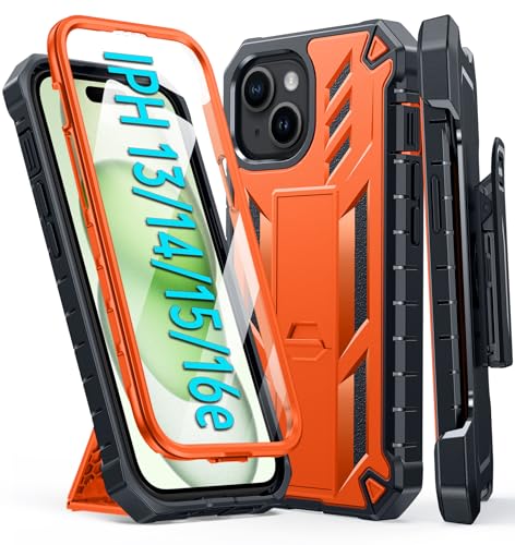 FNTCASE for iPhone 15 Case with Belt Clip and Built-in Screen Protector | Rugged Kickstand, 20FT Military-Grade Drop Protection, Full Body Heavy Duty Shockproof Holster, Hard Protective Cover - color: Orange