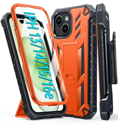 FNTCASE for iPhone 15 Case with Belt Clip and Built-in Screen Protector | Rugged Kickstand, 20FT Military-Grade Drop Protection, Full Body Heavy Duty Shockproof Holster, Hard Protective Cover - color: Orange