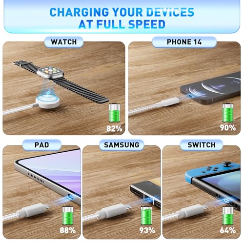 3 in 2 Fast Charger Cable,Thick Braided Charging Cord USB C Watch Phone Charger,Compatible with Apple Watch Ultra SE Series1-11,Travel Multi Devices All in One Combo Wire, 4FT/1.2M-Starlight - style: L1ghtning + TYPC C