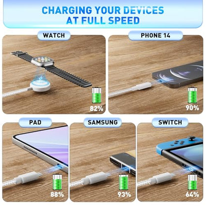 3 in 2 Fast Charger Cable,Thick Braided Charging Cord USB C Watch Phone Charger,Compatible with Apple Watch Ultra SE Series1-11,Travel Multi Devices All in One Combo Wire, 4FT/1.2M-Starlight - style: L1ghtning + TYPC C