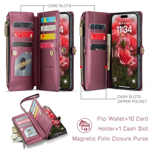 Defencase for iPhone 16 Pro Max Wallet Case with RFID Card Holder, Wine Red | Durable Soft PU Leather, with Zipper Pocket, Wrist Strap, Fashion Snap Flip Phone Cases Cover with Stand for Women and Men - color: Wine Red