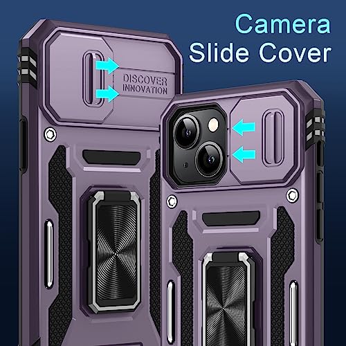 DEERLAMN Case for iPhone 13/iPhone 14 6.1-Inch with Slide Camera Cover+Screen Protector(2 Packs),Rotated Ring Kickstand Military Grade Shockproof Protective Cover-Deep Purple - color: Deep Purple