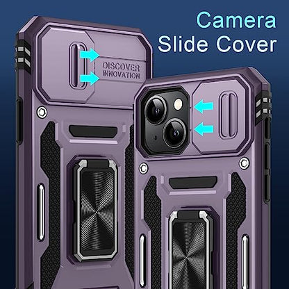 DEERLAMN Case for iPhone 13/iPhone 14 6.1-Inch with Slide Camera Cover+Screen Protector(2 Packs),Rotated Ring Kickstand Military Grade Shockproof Protective Cover-Deep Purple - color: Deep Purple